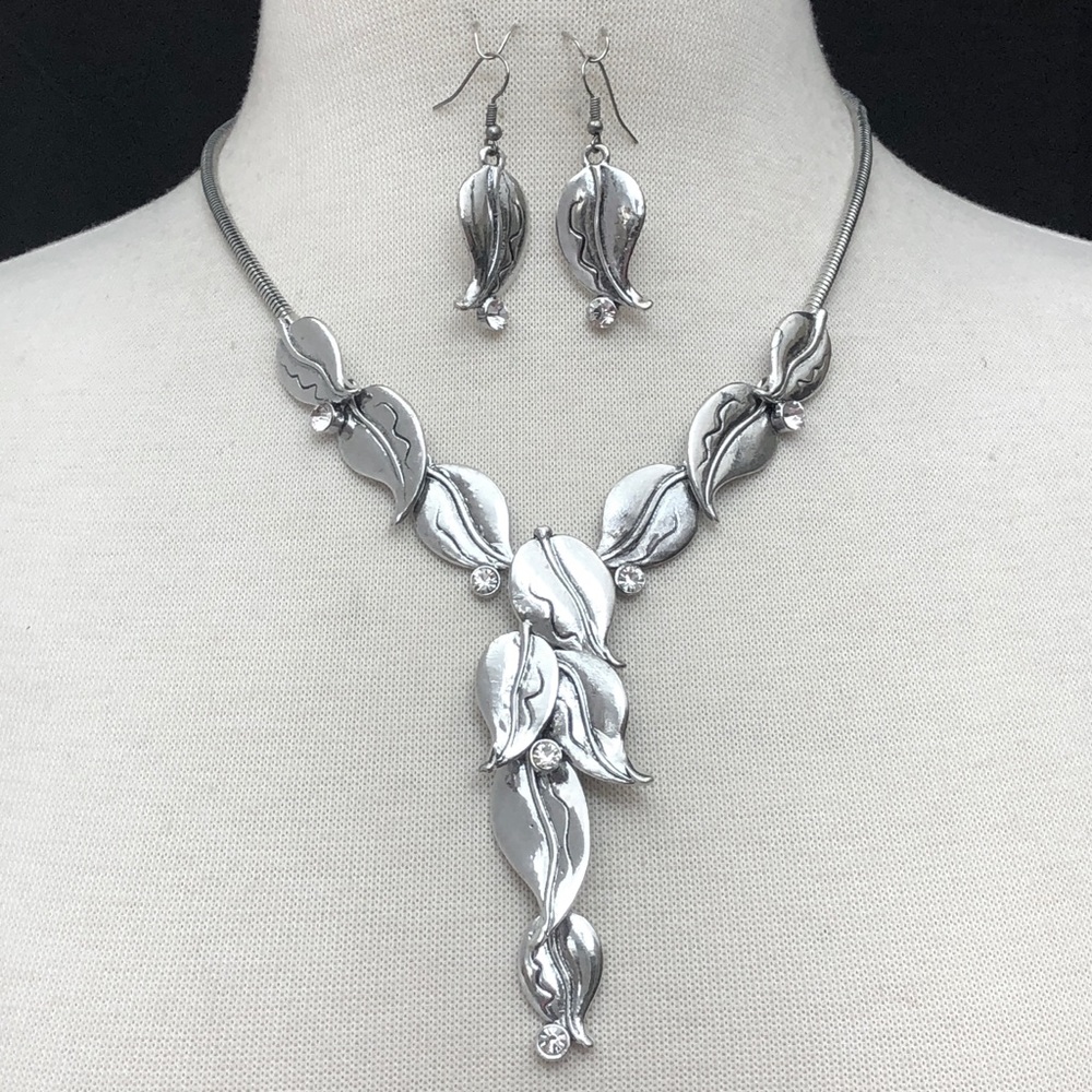 Silver Drop Leaf Cascading Leaves Rhinestone Statement Necklace Earrings…